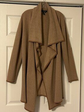 RALPH LAUREN Sz L Camel Herringbone Open w/ Shawl Collar Wool Cashmere Sweater